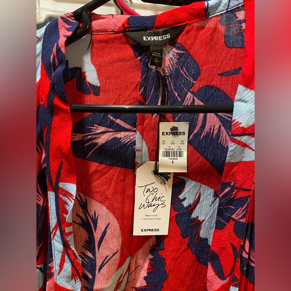 Express Red Floral Tie-Front Blouse - Picture 2 of 4